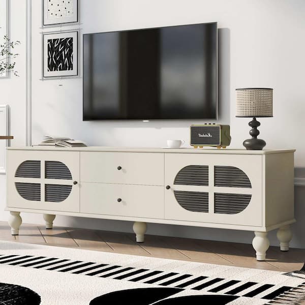 Antique White TV Stand Fits TV's up to 75 in. with Fluted Glass Doors, Five Solid Wood Legs