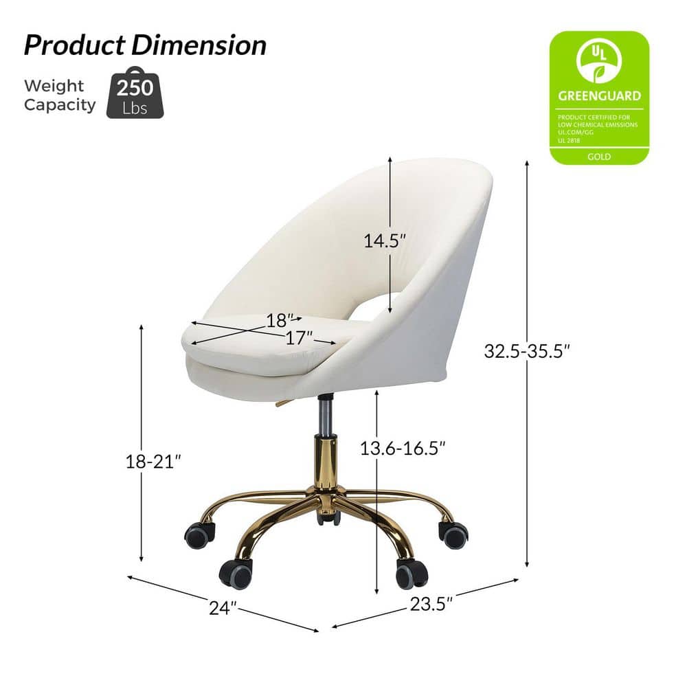 Ivory Velvet Ergonomic Swivel Task Chair with Wood & Metal Frame