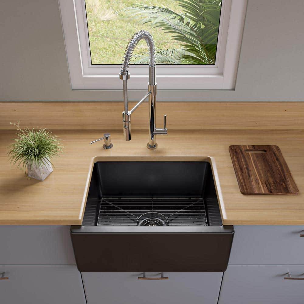 24'' Gloss Black Fireclay Farmhouse Drop-In Sink