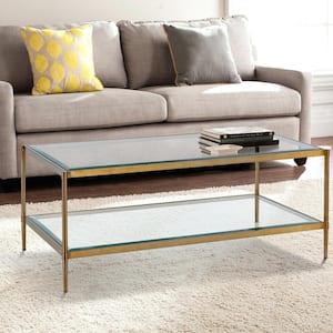 43 in. Gold Frame Large Rectangle Clear Glass Coffee Table with Storage Shelf