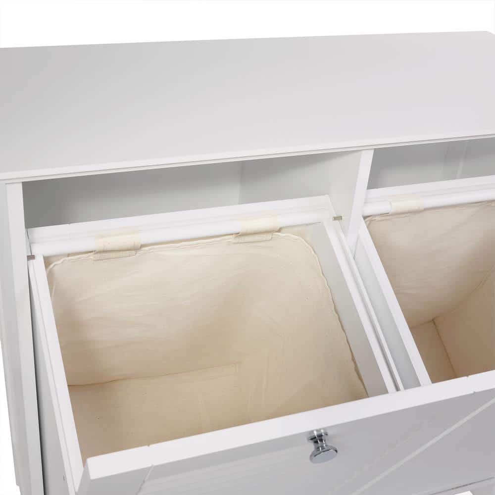 White MDF Double Tilt-Out Laundry Hamper Cabinet with Cloth Bags