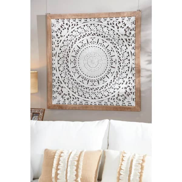 47 in. x 47 in. Wooden White Intricately Carved Mandala Floral Wall Decor