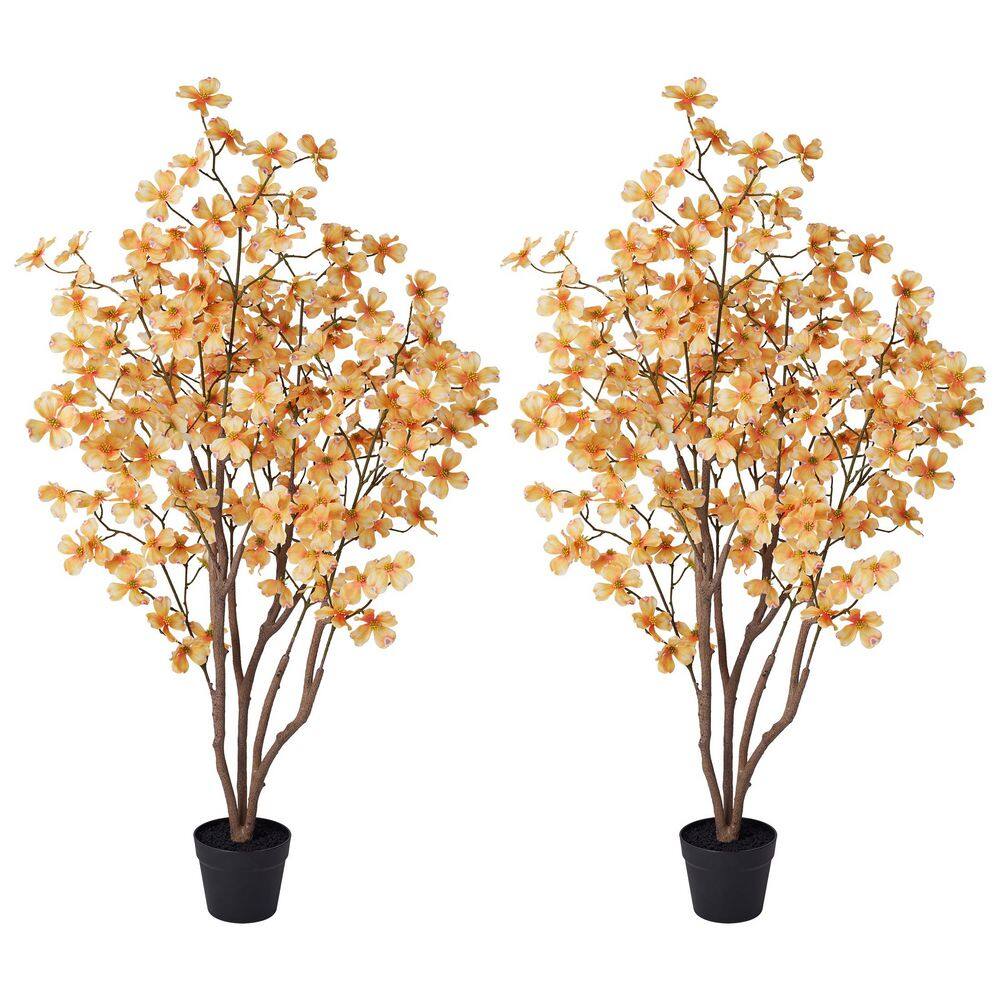 4 ft. Artificial Dogwood Flowers with Yellow Faux Flowers Indoor Outdoor for Home Decor (Garden of 2)