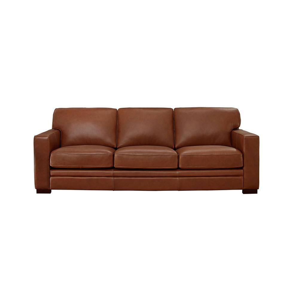 Hydeline Dillon 96 in. Cinnamon Brown Leather 3-Seater Lawson Sofa with ...