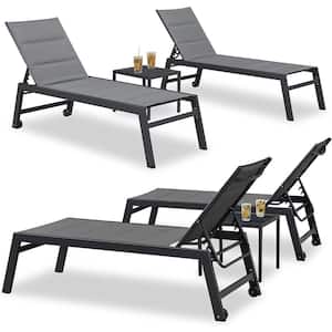 6-Pieces Aluminum Outdoor Chaise Lounge Patio Lounge Chair with Side Table and Wheels, Grey
