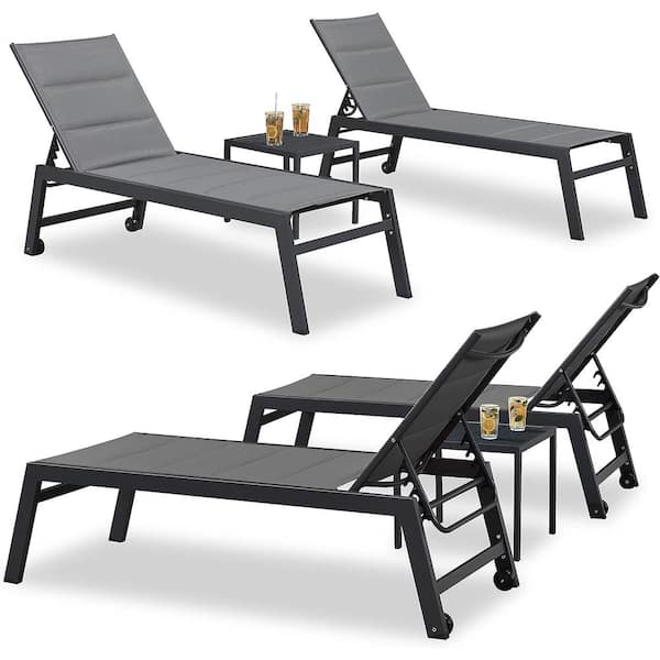 PURPLE LEAF 6-Pieces Aluminum Outdoor Chaise Lounge Patio Lounge Chair with Side Table and Wheels, Grey