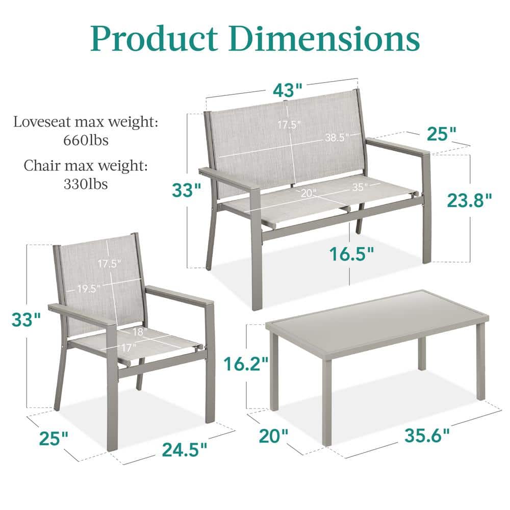 Gray Steel 4-Piece Patio Conversation Set with Armchairs and Coffee Table