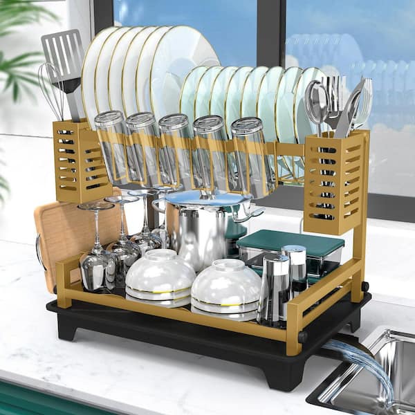 Wudkey 2-Tier Gold Dish Rack, Large Dish Drying Rack with