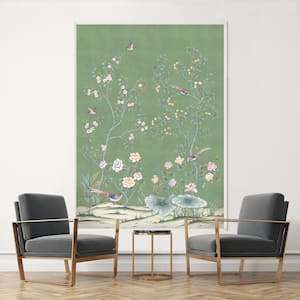 Chinoiserie Lilly Metallic Sage Blossom Removable Peel and Stick Vinyl Wall Mural, 108 in. x 78 in.