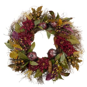 28 in. Artificial Unlit Burgundy Mums and Pomegranate Spiral Vine Wreath