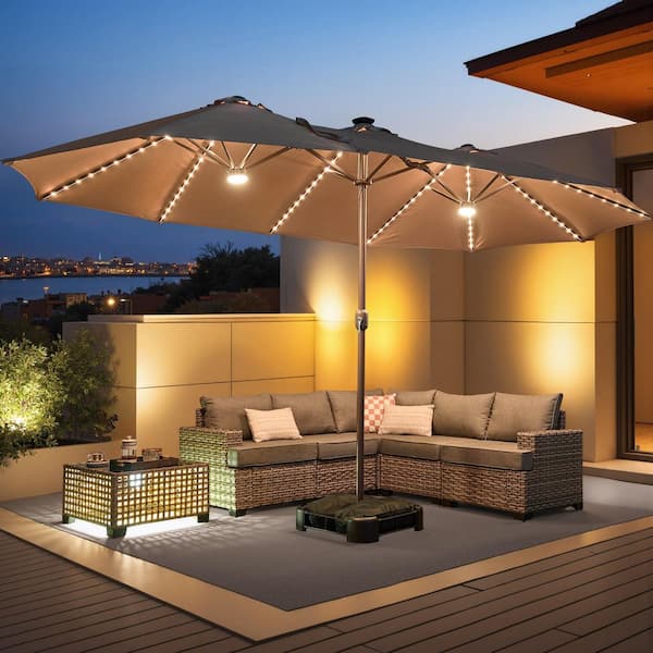 15 ft. x 9 ft. Metal Solar LED Lights Double-sided Market Patio Umbrella with Base and Crank in Khaki