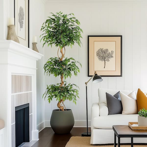 Unbranded 6 ft. Ficus Faux Tree with Curved Trunk, Artificial Ficus Tree  with White Pot, Artificial Plants Indoor for Living Room HDxsqPHK_33CBRGS9