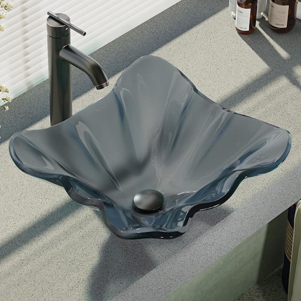 Rene Glass Vessel Sink in Smoky Black with R9-7001 Faucet and Pop-Up Drain in Antique Bronze