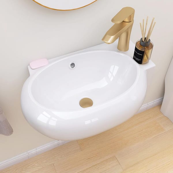 17 in Ceramic Wall-Mounted Oval Bathroom Sink Right Hand with Single Right Faucet Hole in White Floating Vessel Sink