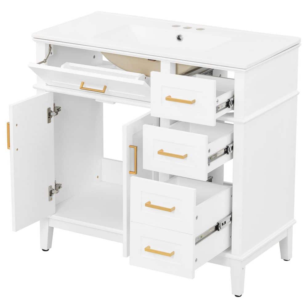 36 in. W Single Sink Freestanding White Bath Vanity with White Ceramic Top and 4-Drawers, Soft Close Doors, Unassembled