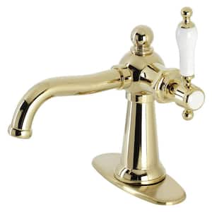 Nautical Single-Handle Single-Hole Bathroom Faucet with Push Pop-Up and Deck Plate in Polished Brass