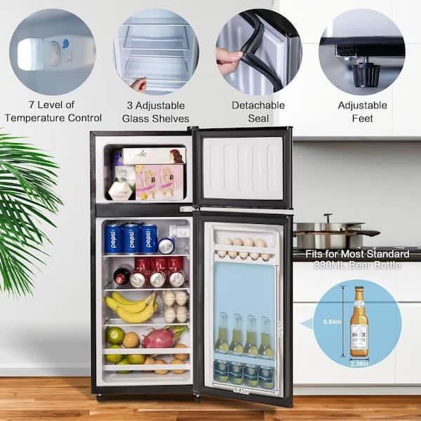 3.8 cu. ft. Mini Refrigerator Double Doors Fridges with Freezer in Black 7-Level Temp Adjustable, Removable Glass Shelf