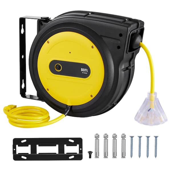 80 ft. 12 / 3 15 Amp Retractable Extension Cord Reel SJTOW Heavy Duty Power Cord with Lighted Triple Tap Outlet