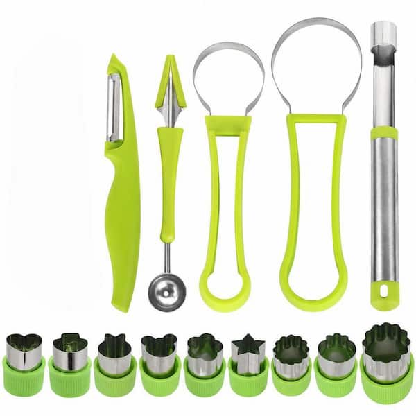 14 Pack 4‑in‑1 Stainless Steel Fruit Tool Kit with Fruit Vegetable Shapes Cutter Peeler for Home Kitchen Party Dessert