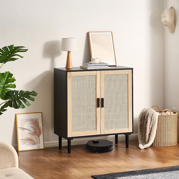 Rattan Cabinet, Rattan Storage Cabinet with 2 Magnetic Doors and Adjustable Shelves, Sideboard Buffet Cabinet Black