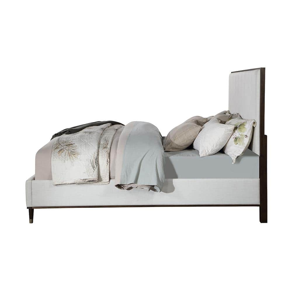 Light Gray and Brown Upholstered Queen Bed with Tufted Headboard and Storage Drawer