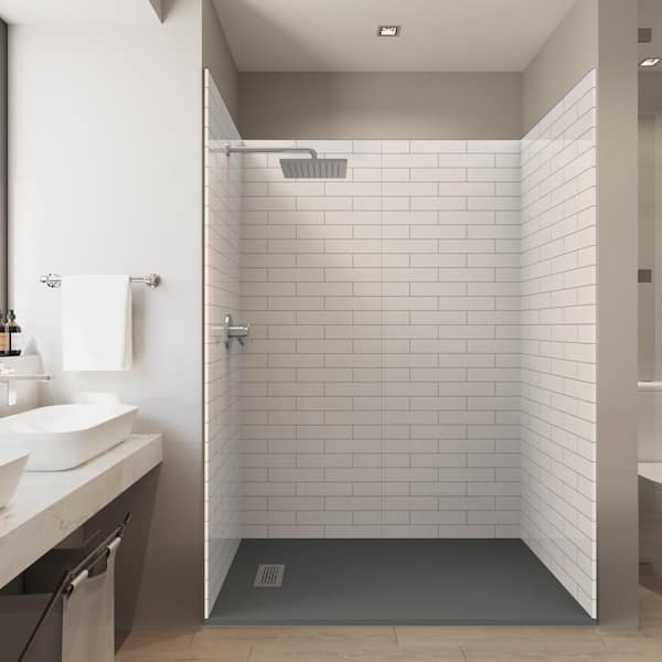 CASTICO Tile Insp. 60 in. x 32 in. x 84 in. Alcove Solid Composite Stone Shower Kit -Subway Shower Walls L/R GR Shower Pan Base
