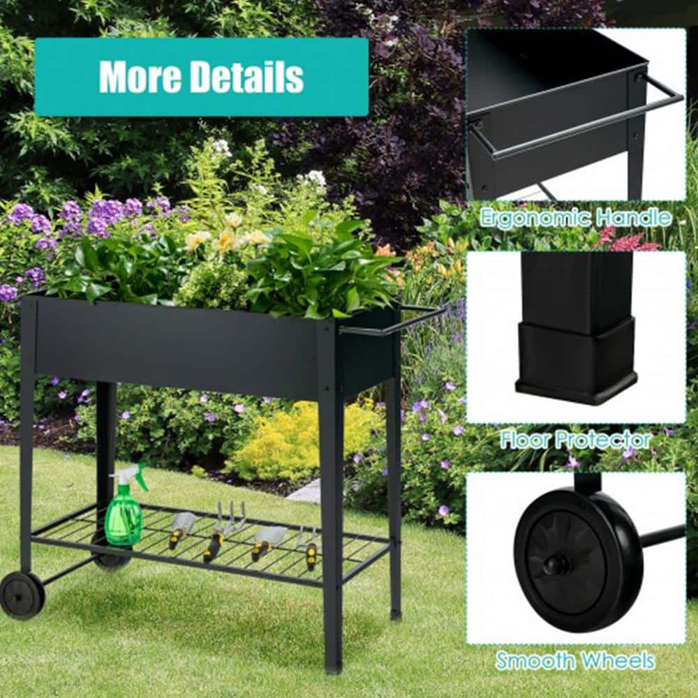 Black Iron Raised Garden Bed with Wheels and Shelf
