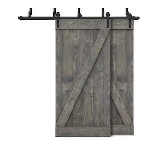 64 in. x 84 in. Z-Bar Bypass Weather Gray Stained DIY Solid Wood Interior Double Sliding Barn Door with Hardware Kit