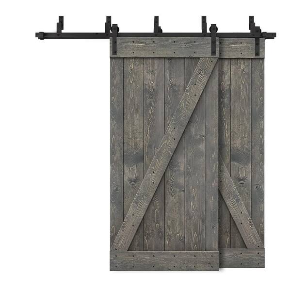 CALHOME 64 in. x 84 in. Z-Bar Bypass Weather Gray Stained DIY Solid Wood Interior Double Sliding Barn Door with Hardware Kit
