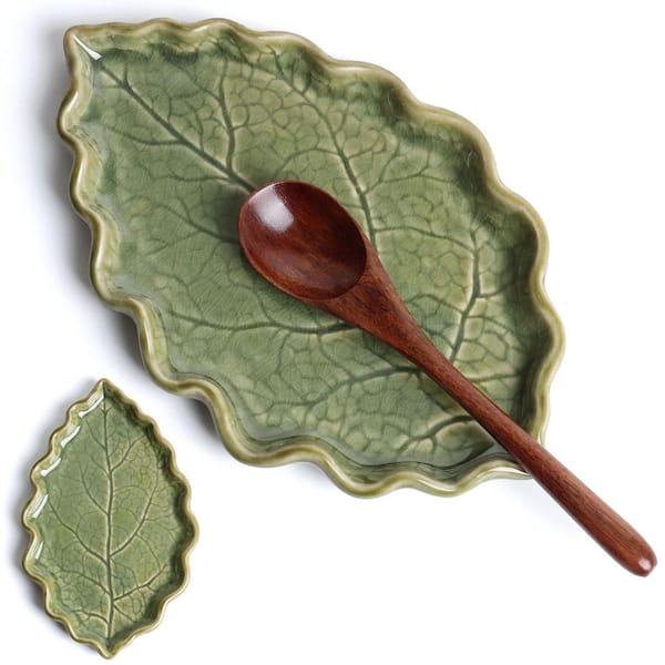 Ceramic Spoon Rest for Stove Top, Cute Green Leaf Shaped Spoon Rest for Kitchen Countertop
