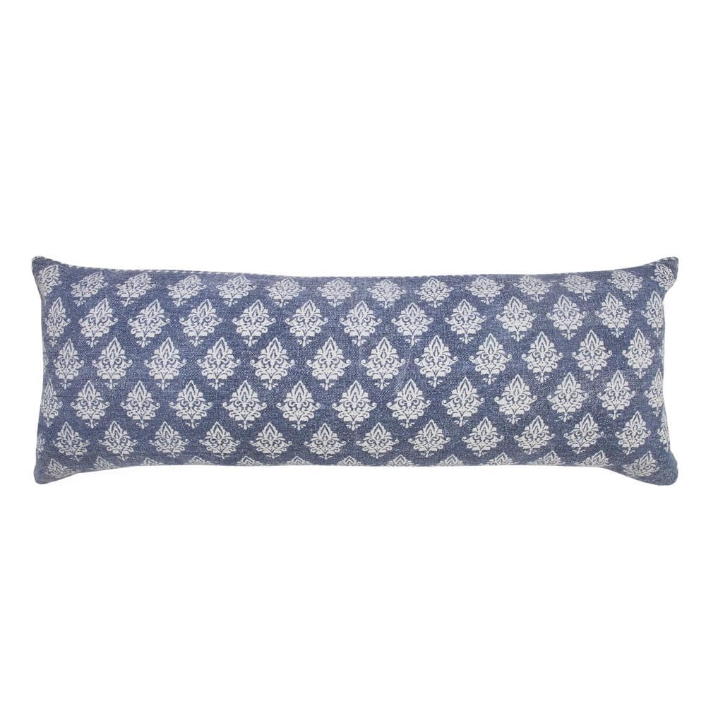 Blue Long Lumbar Pillow Cover With Fringe, Extra Long Lumbar Pillow for Bed,  Large Blue Lumbar Pillow Case, Damask Oversized Lumbar Pillow 