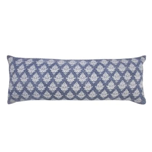 Traditional Vintage Indigo Blue / White 14 in. x 36 in. Fairytale Motif Bordered Indoor Throw Pillow