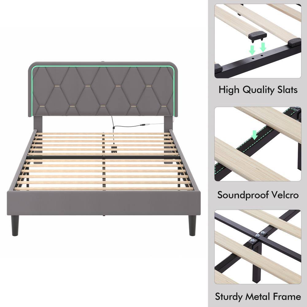 Upholstered Bed Queen Smart LED Bed Frame with Adjustable Gray Headboard, Platform Bed with Solid Wood Slats Support - thumbnail 7