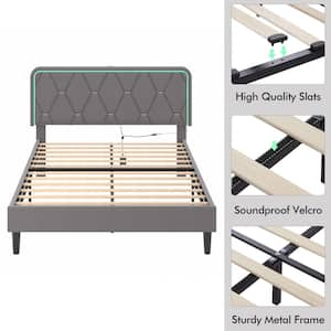 Upholstered Bed Full Smart LED Bed Frame with Adjustable Gray Headboard, Platform Bed with Solid Wood Slats Support