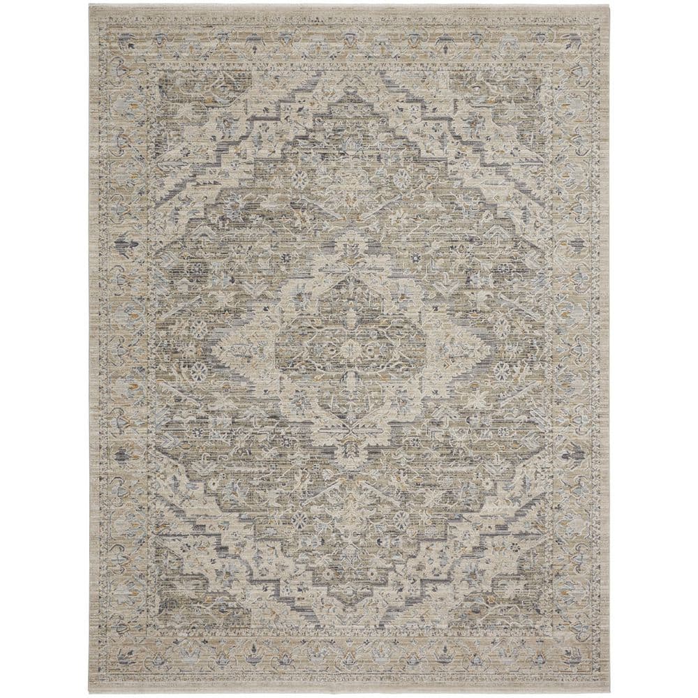 Ivory Taupe Floral Synthetic Round Washable Rug