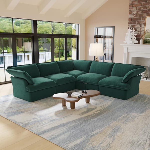 J&E Home 122.6 in. Green Flared Arm 5-Piece Linen Modular Down-Filled Free Combination Sectional Sofa