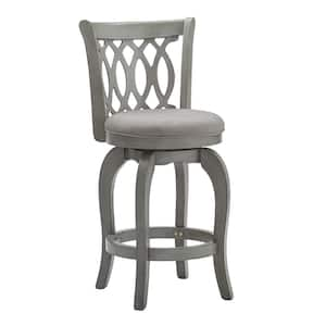 24.75 in. Antique Grey Finish Grey Linen Scroll Back Wood Frame Swivel Counter Stool