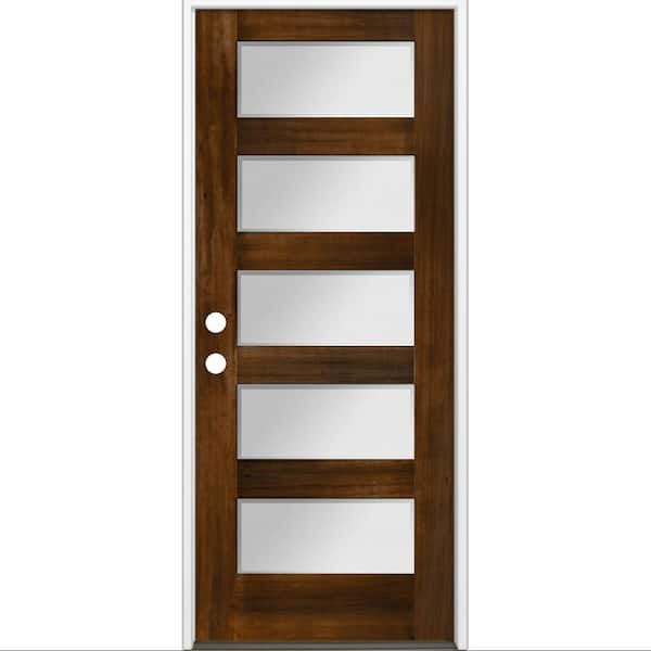 Krosswood Doors 36 in. x 80 in. Modern Douglas Fir 5-Lite Right-Hand/Inswing Frosted Glass Provincial Stain Wood Prehung Front Door