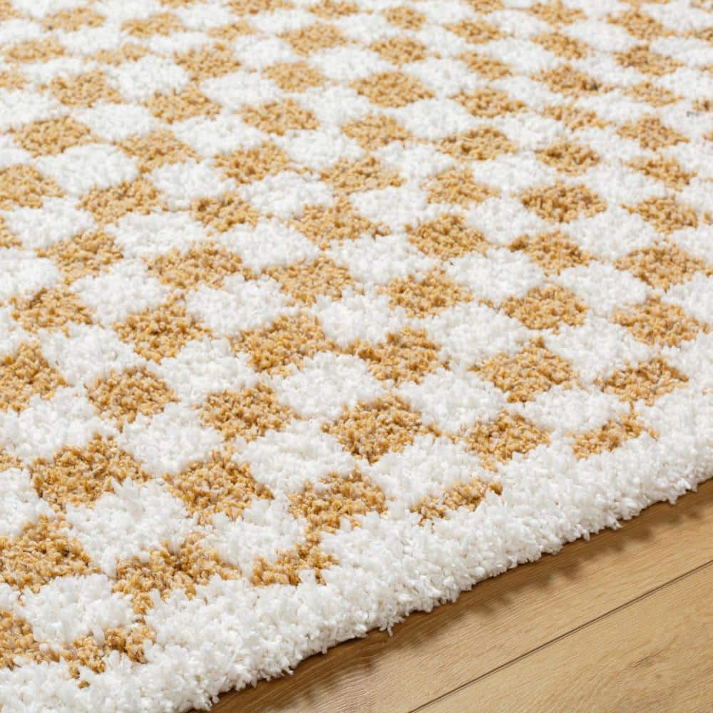 Tan and White Checkered Rectangular Shag Area Rug, 7'10" x 10'