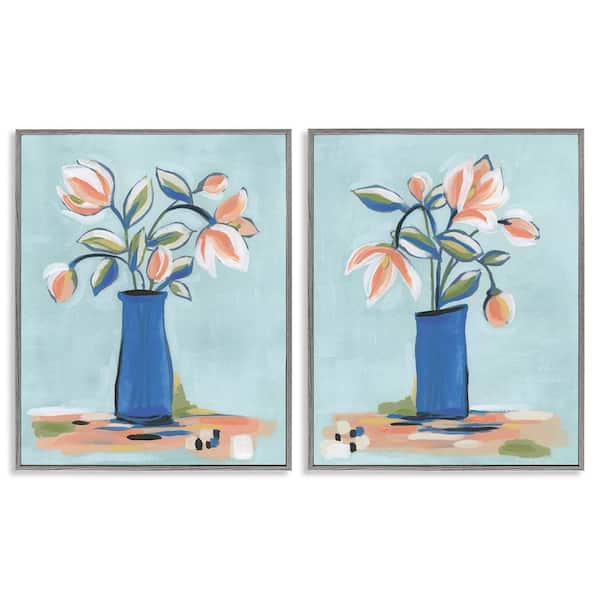 Stupell Industries Blue and Peach Flowers by June Erica Vess 2 Pieces Gray Framed Nature Giclee Art Print 14 in. x 11 in.