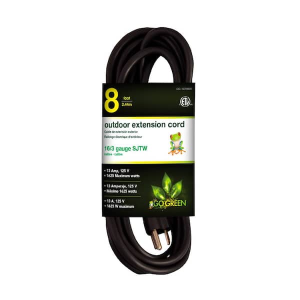 GoGreen Power 16/3 8 ft. SJTW Outdoor Extension Cord - Contractor Grade, Durable - For Heavy Duty Tools-Black-GG-13708BK