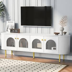 White TV Stand Fits TVs up to 80 in. with Arched Glass Doors, MDF Top, Gold Metal Legs, Cable Management