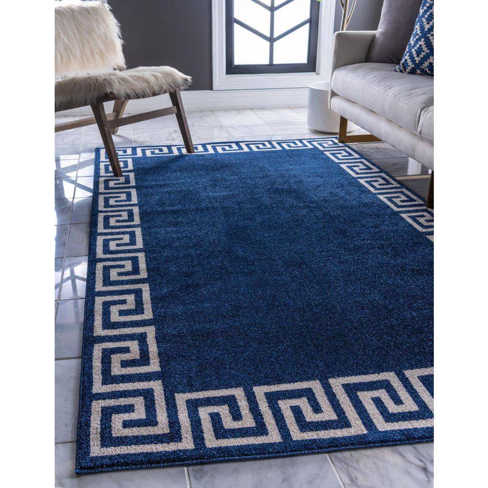 Navy Blue Geometric Border Rectangular Synthetic Rug