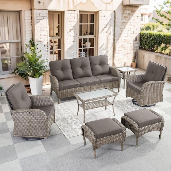 SleekArm 7-Piece Gray Wicker Patio Conversation Set with Olefin Gray Cushion and Outdoor Swivel Glider Chairs