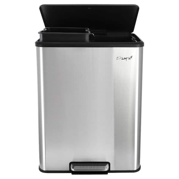 60 Liter 2 Compartment Large 8 Gal. Split Stainless Steel Step Trash Bin with Slow Close Mechanism