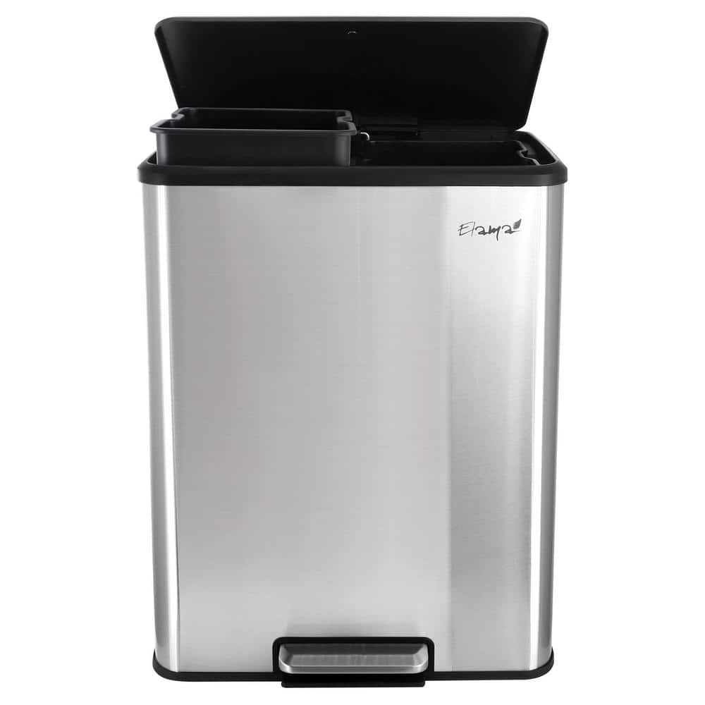 60 Liter 2 Compartment Large 8 Gal. Split Stainless Steel Step Trash Bin wi