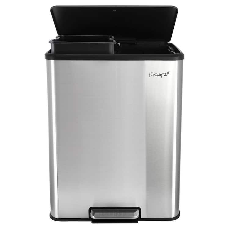 Elama 60 Liter 2 Compartment Large 8 Gal. Split Stainless Steel Step Trash Bin with Slow Close Mechanism