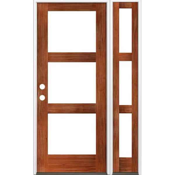 Krosswood Doors 50 in. x 96 in. Modern Hemlock Right-Hand/Inswing Clear Glass Red Chestnut Stain Wood Prehung Front Door with Sidelite