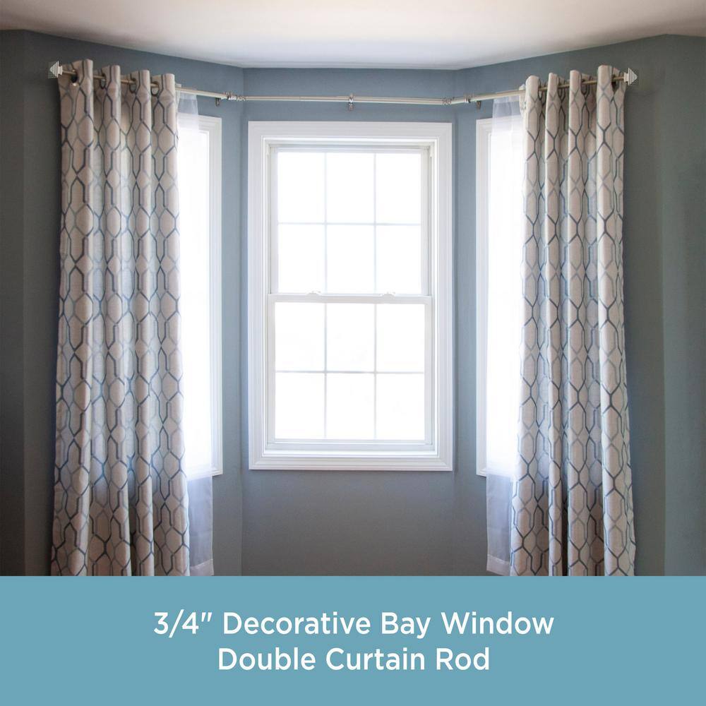 Brushed Nickel Steel Double Bay Window Curtain Rod with Square Finials
