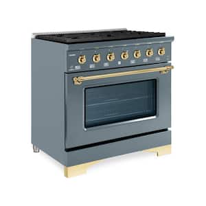 Classico 36" 5.2 cu. ft. 6-Burners Freestanding Dual Fuel Range Gas Stove and Electric Oven in Blue/Grey with Brass Trim